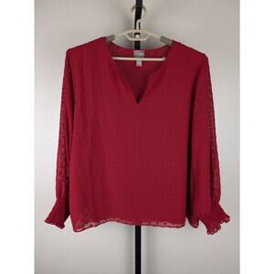 Chicos Red Long Sleeve Elastic Wrist Clip Dot Blouse